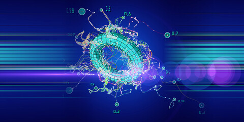  Abstract technology background with chaotic  lines connecting dots of torus with blurred lines. Big data.  Analytics algorithms data.  Banner for business, science and technology.