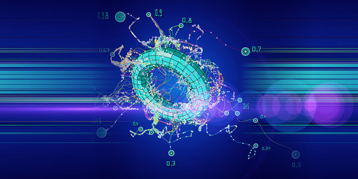  Abstract technology background with chaotic  lines connecting dots of torus with blurred lines. Big data.  Analytics algorithms data.  Banner for business, science and technology.