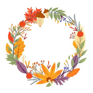 Wreath of autumn falling leaves of oak, maple, berry and mushroom. Scrapbook collection for fall season elements. Flat natural vector illustration with floral for advertisement, promotion