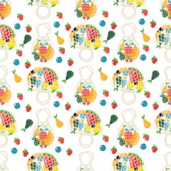 Seamless pattern of cotton eco shopping net with vegetables, fruits and healthy drinks. Dairy food in reusable eco friendly shopper bag. Zero waste. Flat trendy design