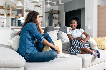 Young homeowner woman sitting on a sofa with a young female student who wants to rent an apartment...