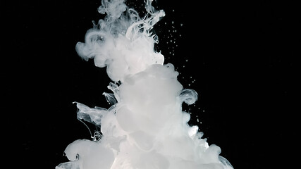 Abstract background. Waves of milky ink and splashes of white paints in the water. White cloud of...