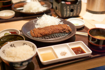 Japanese kyukatsu with rice and salad