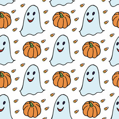Seamless pattern with ghost and pumpkin on white background. Vector image.