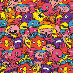 Seamless background pattern, childrens multicolored characters, jpg illustration, drawings with little men in cartoon style.