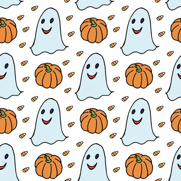 Seamless pattern with ghost and pumpkin on white background. Vector image.
