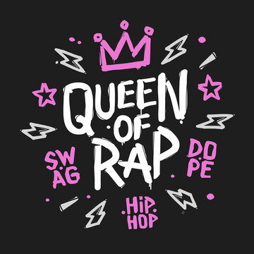 Queen of Rap girly street art doodle crown tag print design - vector illustration. Rap Queen graffiti style fashion illustration. Grunge hip hop hand drawn print stamp template
