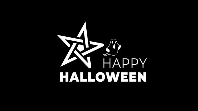Halloween 2D animation of flat elements of star, ghost and Happy Halloween lettering. Rendered in PNG format with alpha channel and 4K resolution. Overlay on your videos, photos, animations.