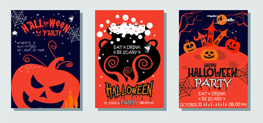 Vector set of Halloween party invitations or greeting cards with handwritten calligraphy and original symbols. happy Halloween