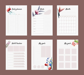 Planner pages, vector elements for calendars and organizers, diary pages with habit tracker, weekly planner, year goals, daily tasks, with floral design, botanical illustration