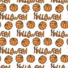 Seamless pattern with orange text Halloween and pumpkin on white background. Vector image.