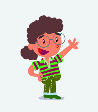 cartoon character of little girl on jeans explaining something while pointing.