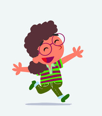 cartoon character of little girl on jeans running euphoric.
