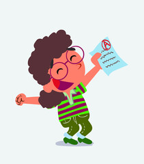 euphoric cartoon character of little girl on jeans raises his arms with exam in hand.