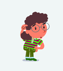 funny cartoon character of little girl on jeans doubting.