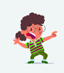Scared cartoon character of little girl on jeans points to the side.