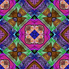 Multicolored symmetrical geometric pattern in stained glass style. You can use it for invitations, notebook covers, phone cases, postcards, cards, wallpapers and so on. Artwork for creative design. - 458495327