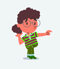 Surprised cartoon character of little girl on jeans points to something to his side.