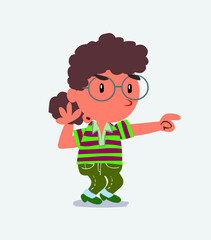 Surprised cartoon character of little girl on jeans points to something.