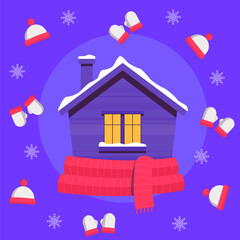 A winter house with a warm light, scarf, gloves, hats and snowflakes.