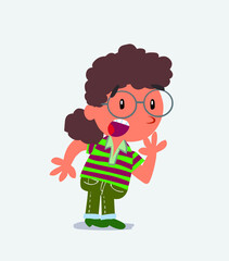 Unpleasantly surprised cartoon character of little girl on jeans looks to the side.