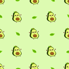 Seamless pattern. Avocado on a green background. Avocado sticker. Green halves of an avocado with a smile. Wallpaper seamless pattern, vector illustration isolated green background.