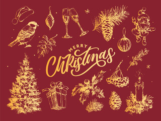 New year and christmas set sketch illustration