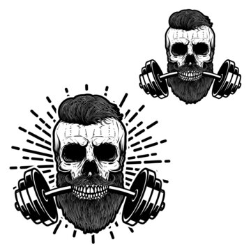 Skull with barbell in teeth. Vector illustration