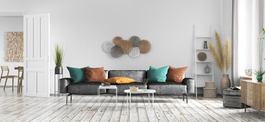 Modern interior of living room with black sofa, white wall with door, home design 3d rendering