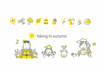 秋のハイキングを楽しむ4人家族と秋のアイコン風素材セット © fumi