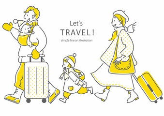 家族旅行へ出かける四人家族のシンプルでお洒落な線画イラスト