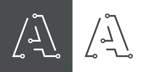 Logotipo letra inicial A con forma de circuito electrónico con lineas en fondo gris y fondo blanco © teracreonte