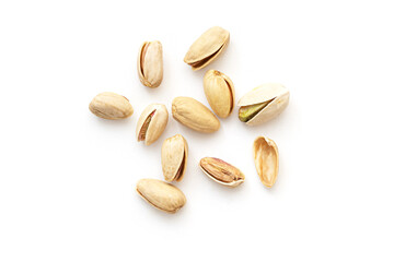 Top view of pistachios isolated on white. Heap of Pistachios.