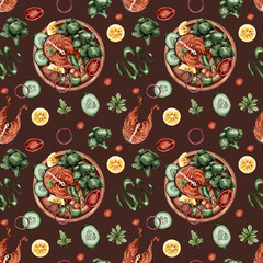 Seamless pattern with red fish and vegetables. Cucumber, broccoli, onion, lemon. Texture for the design of cafes, bars, restaurants, kitchens.