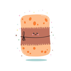 Cute cartoon natural soap in a wrapper. Spa supplies bright icon. Hand-drawn poster with shapes, circles, face. Japanese style character for decorating brochures, advertisements, shops.