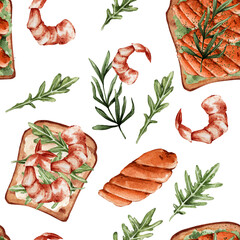 Healthy food seamless pattern. Texture with sandwiches with red fish, shrimps, rucola. Suitable for kitchens, cafes, restaurant bars, etc.