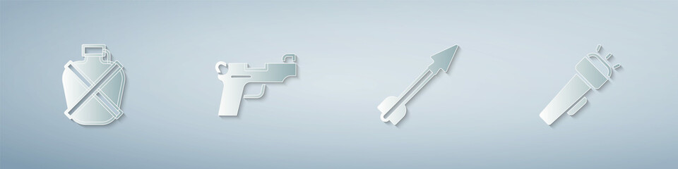 Set Canteen water bottle, Pistol or gun, Medieval arrow and Flashlight. Paper art style. Vector