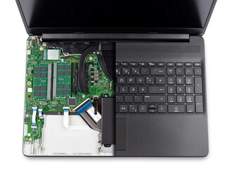 sectional top view of black modern laptop notebook computer with visible hardware isolated white background. Pc repair help upgrape concept.