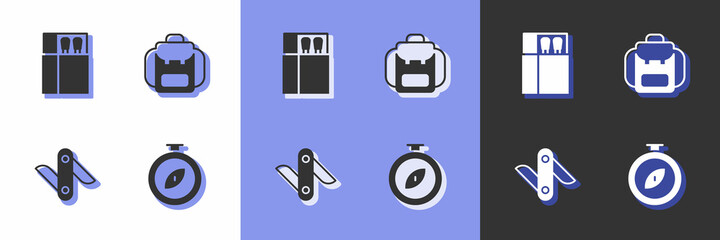 Set Compass, Open matchbox and matches, Swiss army knife and Hiking backpack icon. Vector