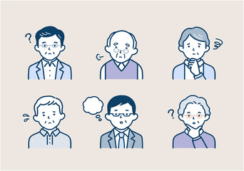 困った表情をしたシニア男性のイラスト素材セット