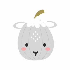 Happy Halloween cute cartoon pumpkin with sheep face. Halloween party decor for children. Childish print for cards, stickers, invitation, nursery decoration. Vector illustration.