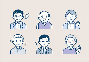 嬉しそうな表情をしたシニア男性のイラスト素材セット