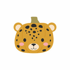 Happy Halloween cute cartoon pumpkin with jaguar face. Halloween party decor for children. Childish print for cards, stickers, invitation, nursery decoration. Vector illustration. © Jexy
