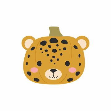 Happy Halloween cute cartoon pumpkin with jaguar face. Halloween party decor for children. Childish print for cards, stickers, invitation, nursery decoration. Vector illustration.