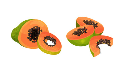 Sliced papaya fruit with seeds set. Organic nutritious vegetarian product vector illustration