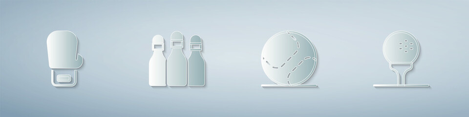 Set Boxing glove, Bowling pin, Baseball ball and Golf on tee. Paper art style. Vector