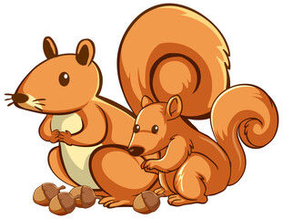 Mother and baby squirrel cartoon on white background