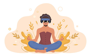 Young woman in lotus position practices yoga with VR glasses. Technologies for the future of mental and physical health. Trendy flat vector illustration