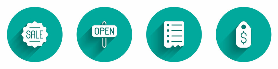 Set Price tag with Sale, Hanging sign text Open, Shopping list and dollar icon with long shadow. Vector