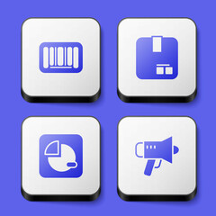 Set Barcode, Carton cardboard box, Pie chart infographic and Megaphone icon. White square button. Vector